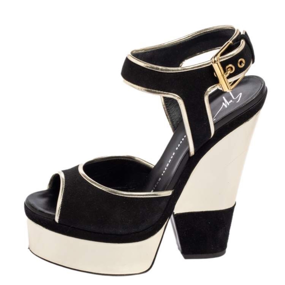Giuseppe Zanotti Black/gold/suede leather trim platform wedge 37 - Picture 10 of 10